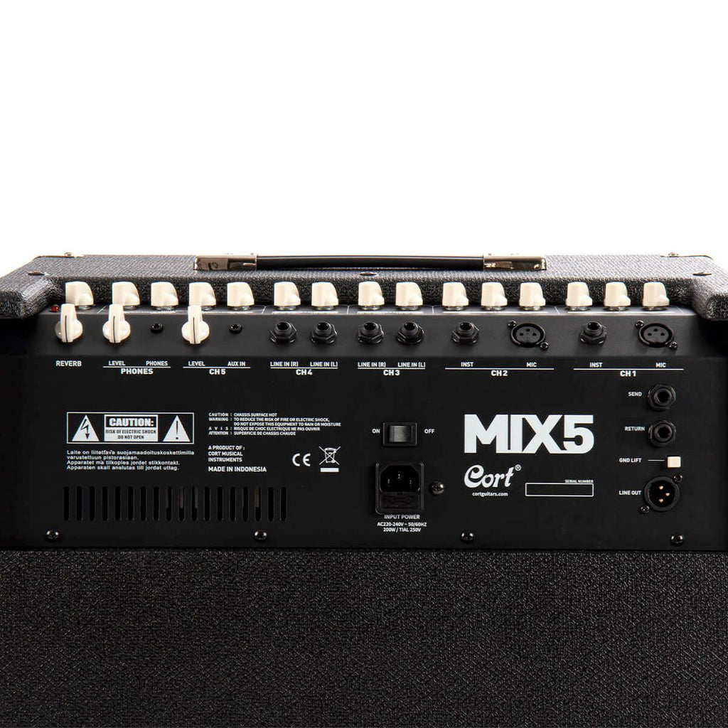 amplificatore per strumenti, tastiere o microfoni da 150W con effetto reverbero cort mix5 open box vista del retro
