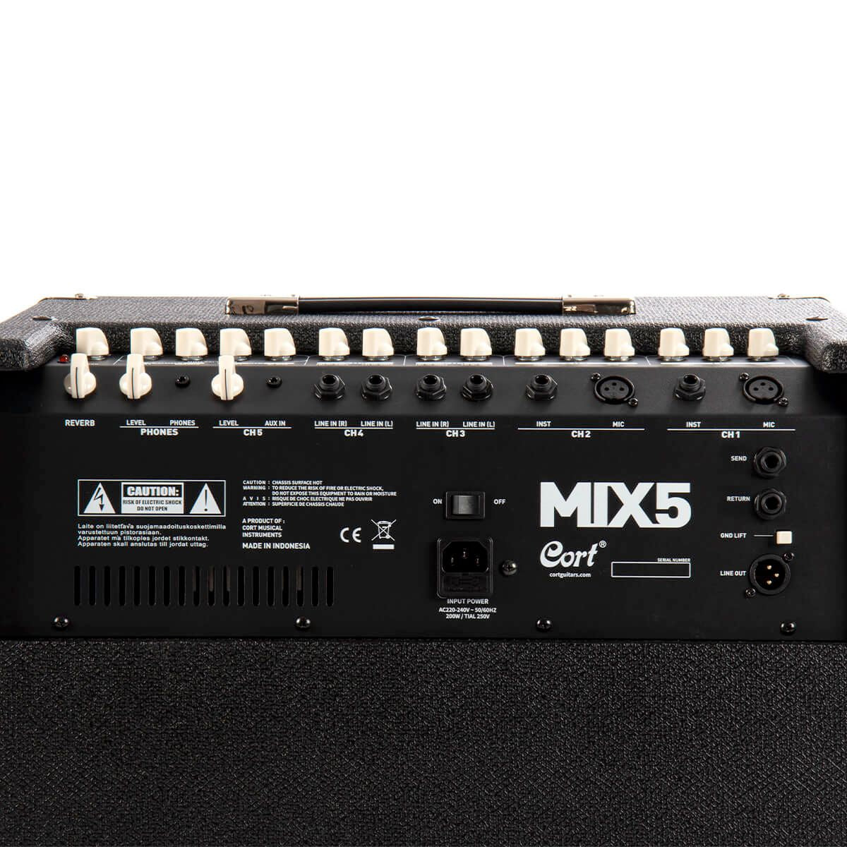 amplificatore per strumenti, tastiere o microfoni da 150W con effetto reverbero cort mix5 open box vista del retro