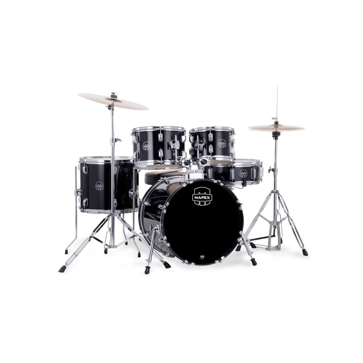batteria acustica kit completo di aste, sgabello e piatti Mapex Comet Dark Black Open Box vista frontale dx