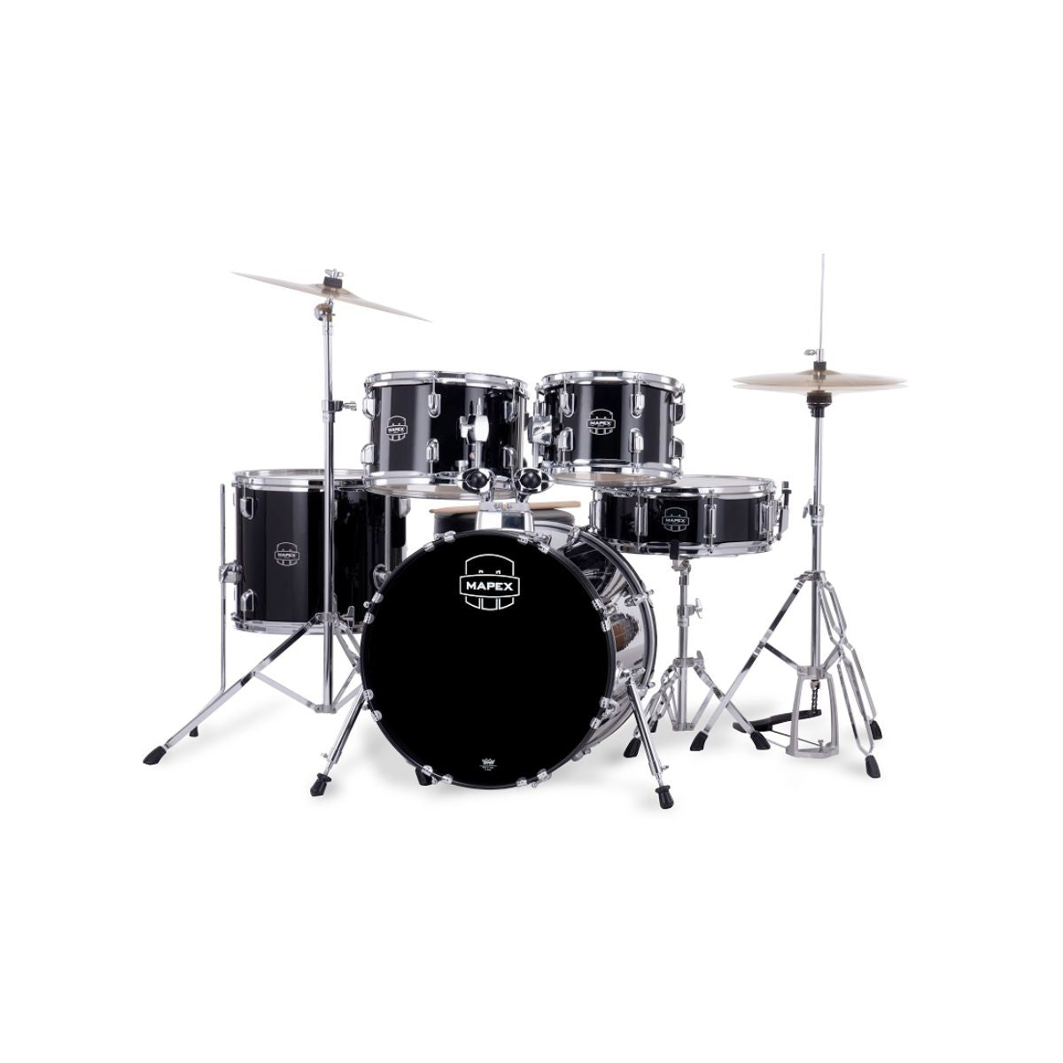 batteria acustica kit completo di aste, sgabello e piatti Mapex Comet Dark Black Open Box vista frontale sx