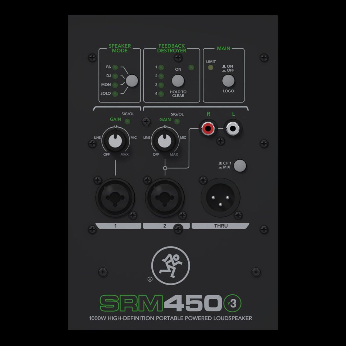 cassa amplificata 1000W mackie srm450v3 vista del retro