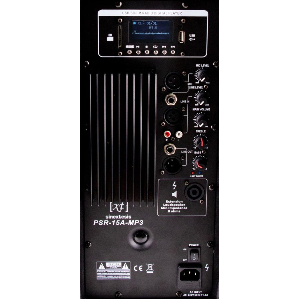 cassa amplificata da 15" sinextesis xt psr-15a-mp3 vista controlli