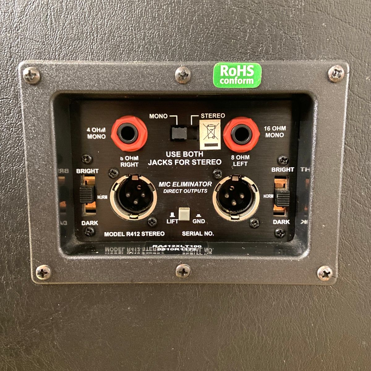 cassa per chitarra 4 coni da 12" Randall Model R412 Stereo RA412XLT100 vista delle connesisoni