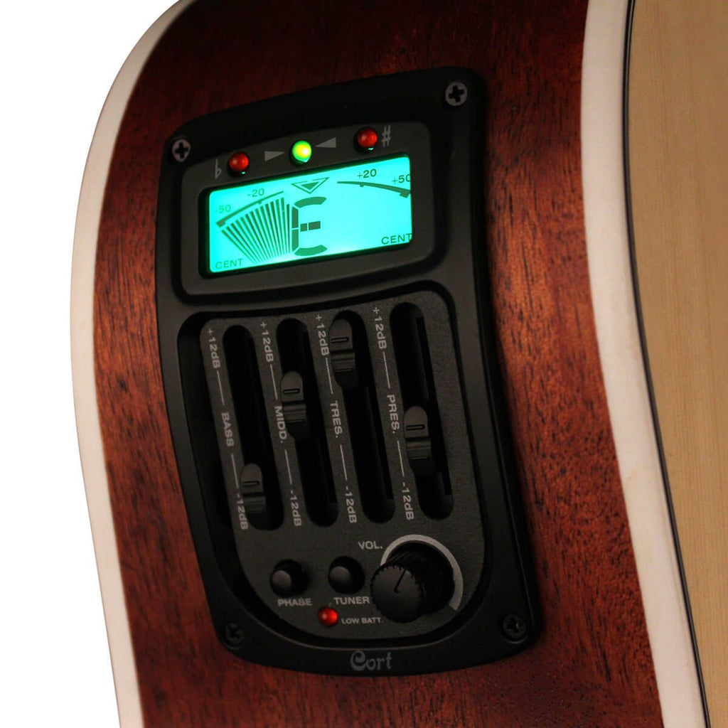 chitarra acustica elettrificata mancina cort ga-medx left hand open pore natural vista del preamplificatore