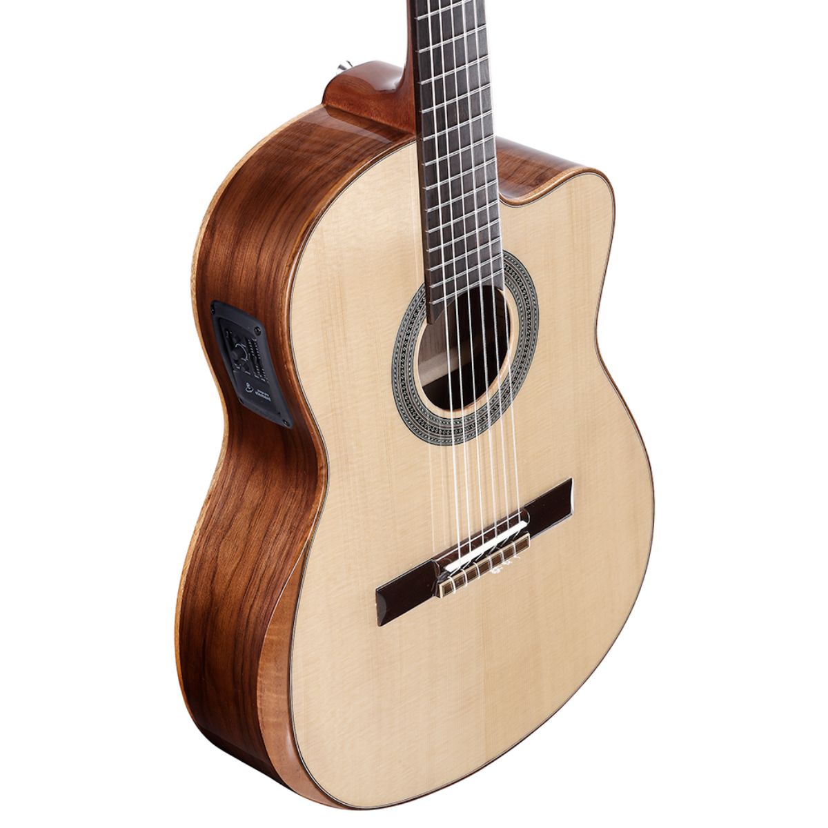 chitarra classica elettrificata professionale alvarez cc7cear open box vista del corpo inclinato