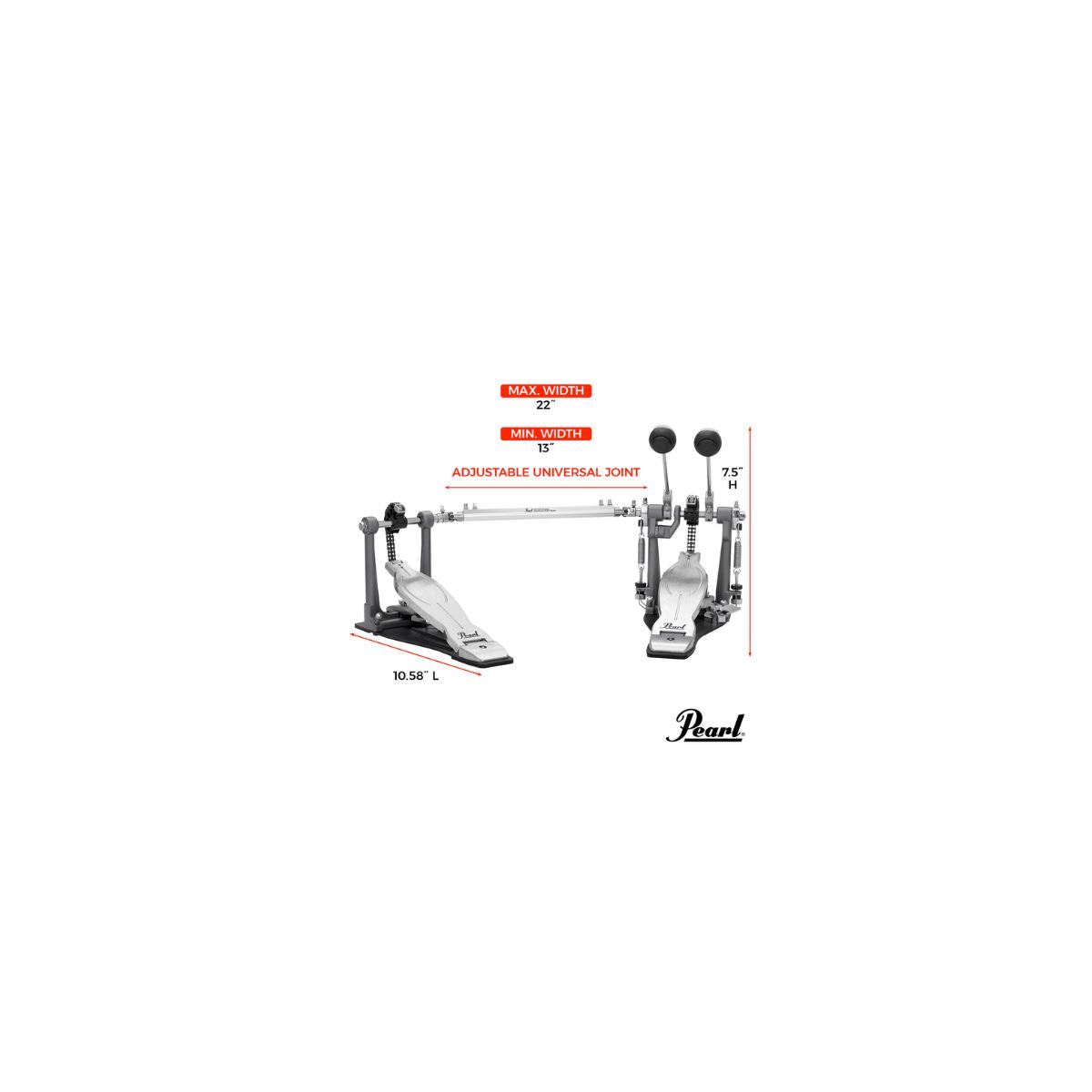 doppio pedale professionale per batteria pearl p-1032 eliminator vista delle misure