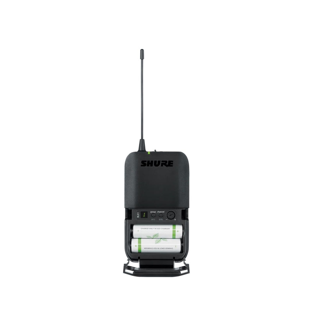 doppio radiomicrofono a gelato + archetto bodypack shure blc1288-mx53 vista del bodypack frontale aperto