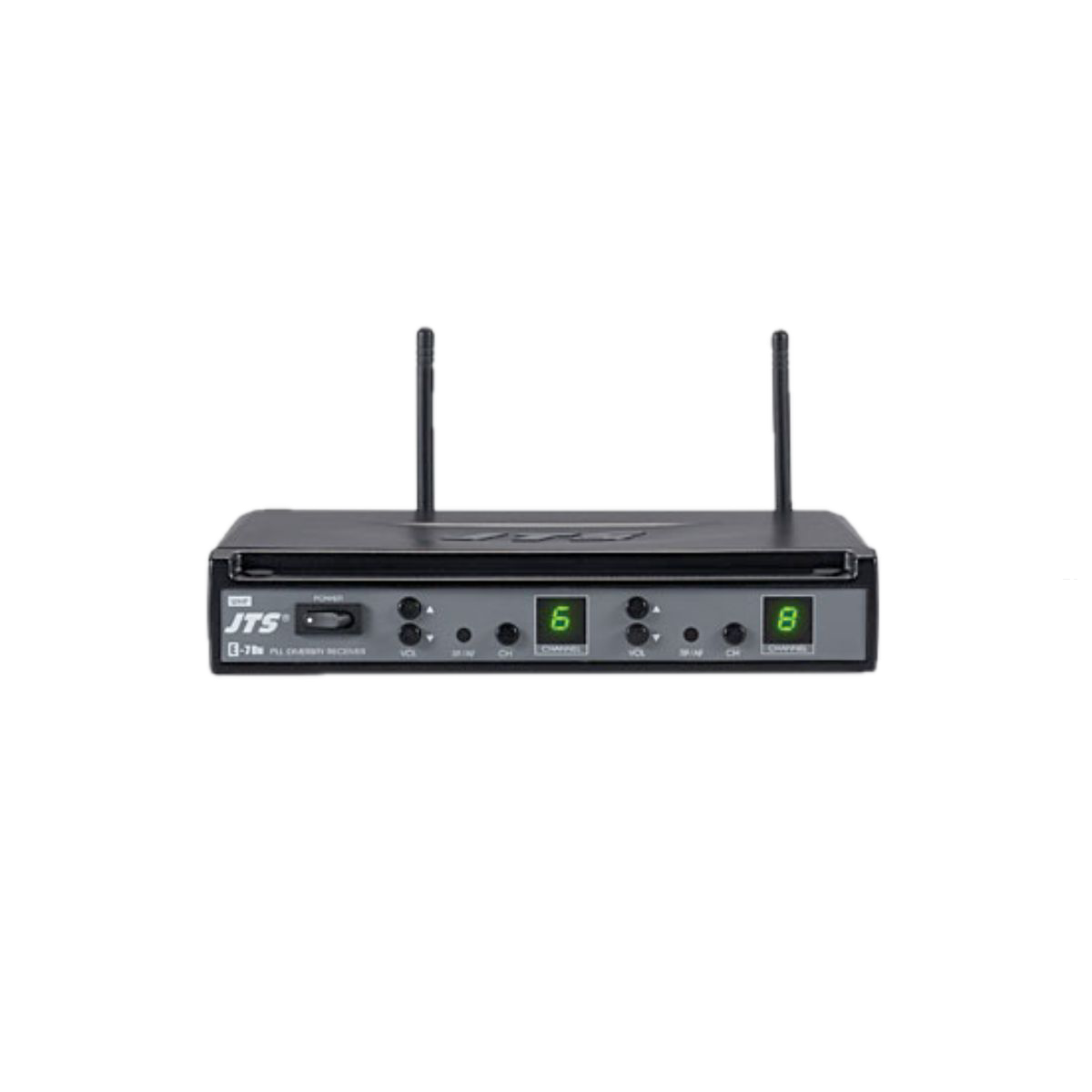 doppio radiomicrofono professionale ad archetto con bodypack jts e7du-2e7tbd vista della centralina