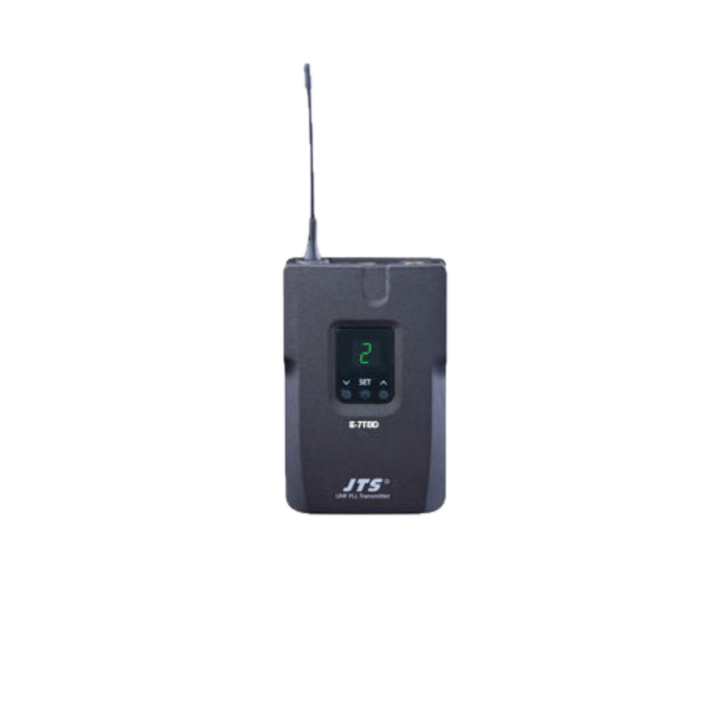 doppio radiomicrofono professionale ad archetto con bodypack jts e7du-2e7tbd vista del bodypack