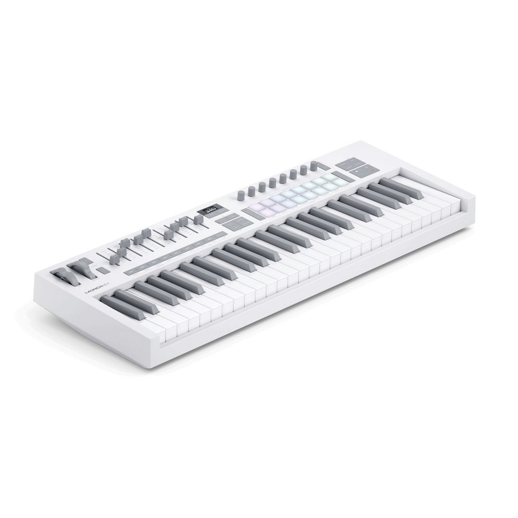 masterkeyboard usb a 49 tasti Novation Launchkey 49 MK4 bianca vista laterale sx