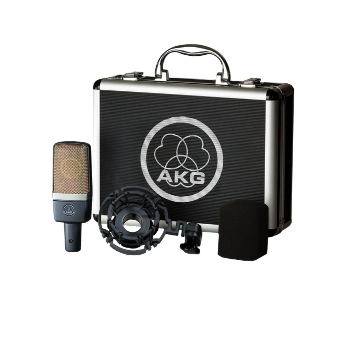 microfono professionale da studio a condensatore akg c214 vista con accessori