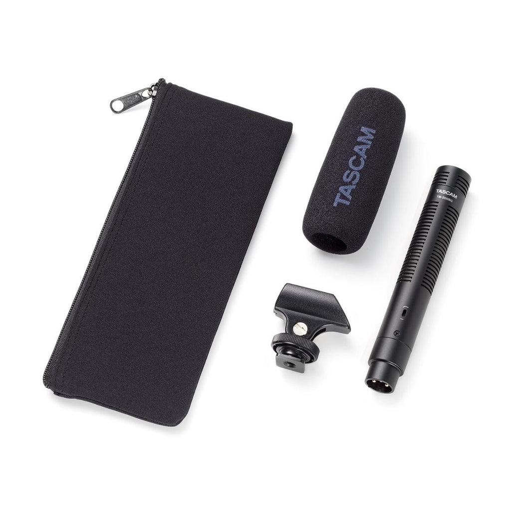 microfono shotgun a condensatore per video tascam tm-200SG vista con accessori