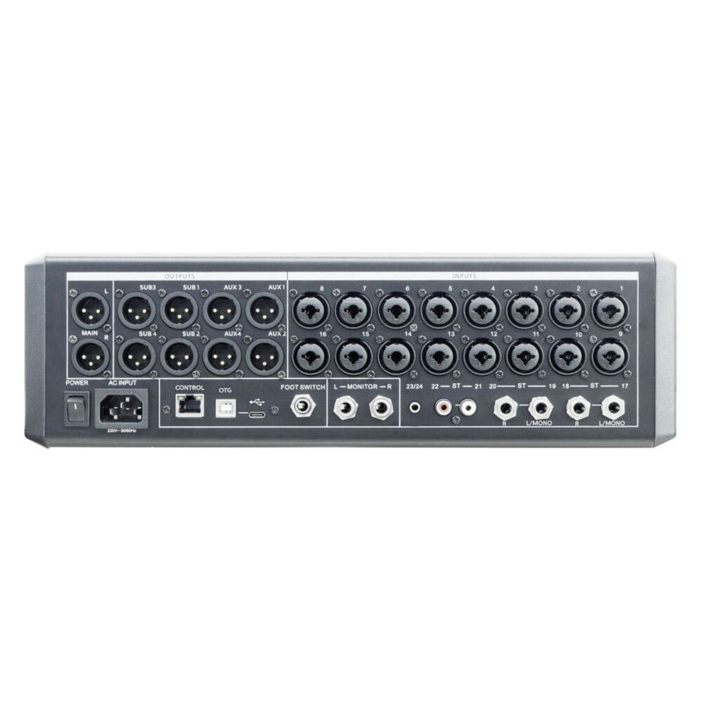 mixer digitale a 24 canali con fader motorizzati e schermo touch Oqan Q24D Pro open box vista del retro