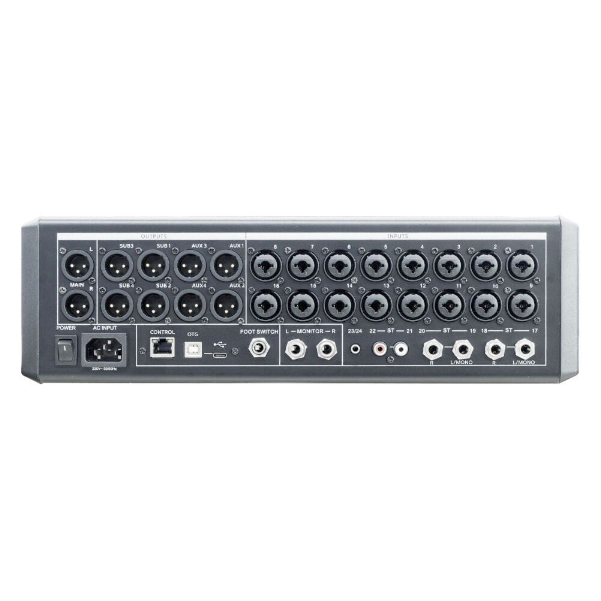 mixer digitale a 24 canali con fader motorizzati e schermo touch Oqan Q24D Pro open box vista del retro