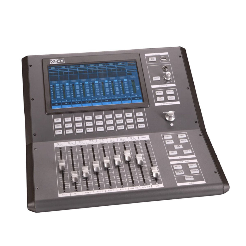 mixer digitale a 24 canali con fader motorizzati e schermo touch Oqan Q24D Pro open box vista inclinato