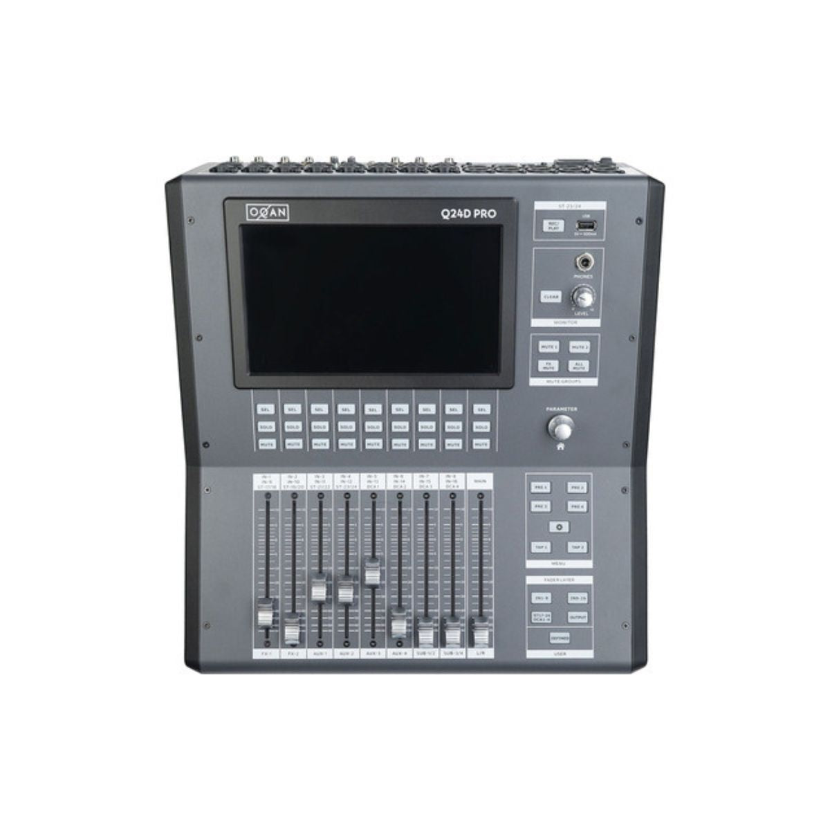 mixer digitale a 24 canali con fader motorizzati e schermo touch Oqan Q24D Pro open box vista frontale dall'alto