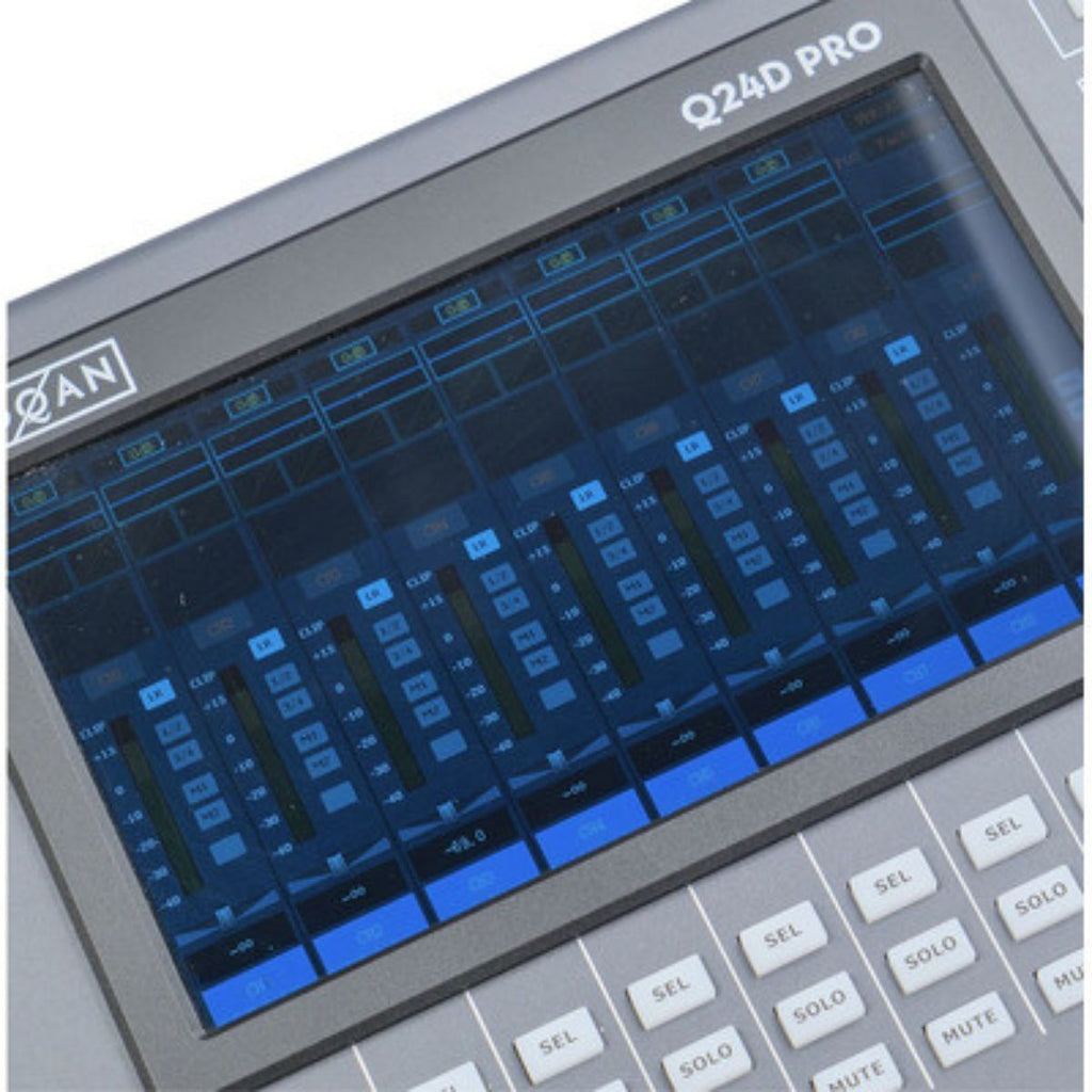 mixer digitale a 24 canali con fader motorizzati e schermo touch Oqan Q24D Pro open box vista schermo con controlli