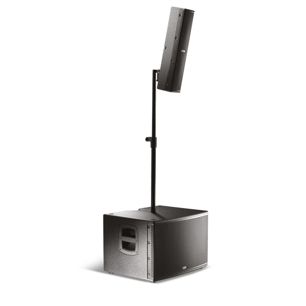 sistema audio completo a colonna da 2000W con subwoofer da 12" in legno fbt vertus cs1000 vista inclinato