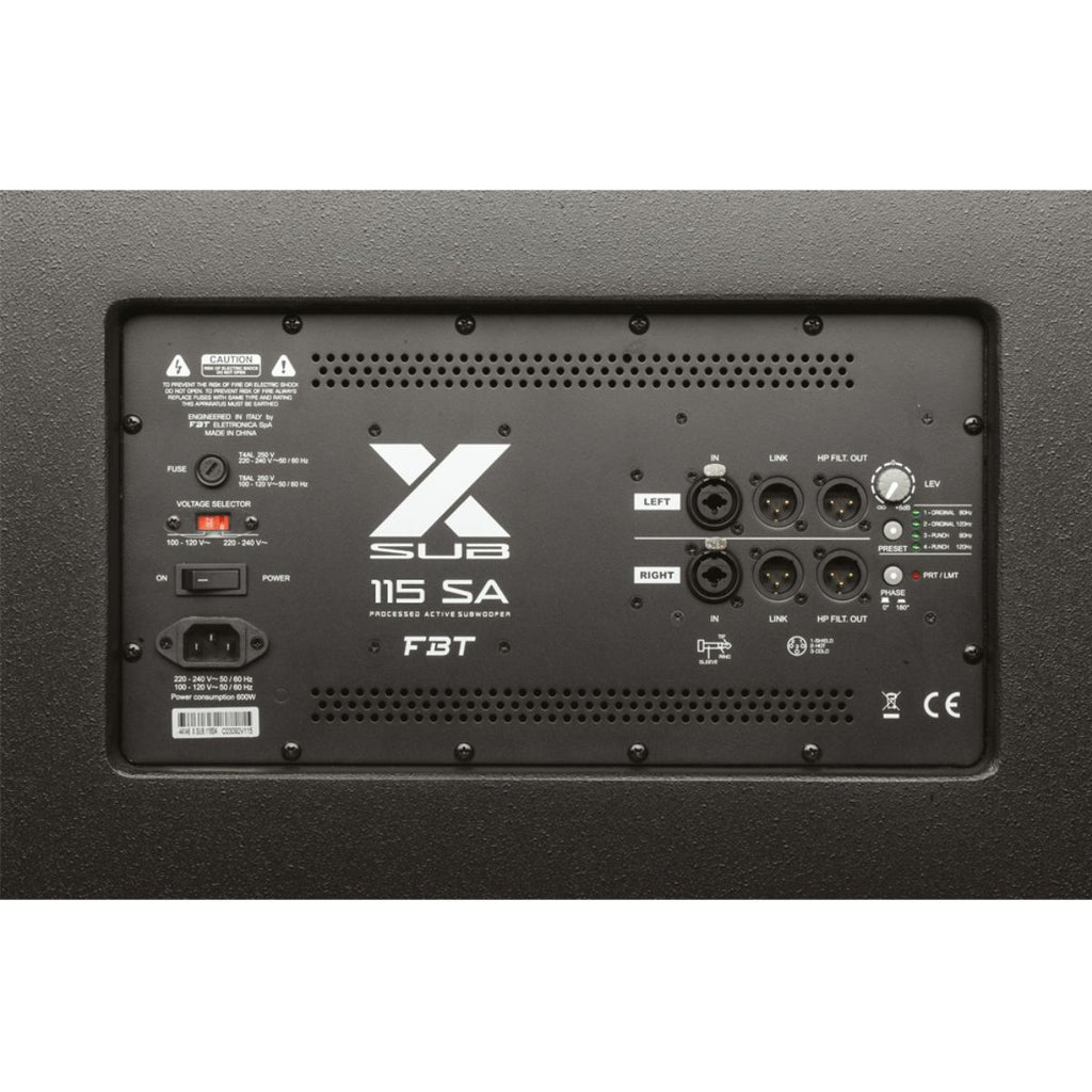 subwoofer amplificato da 15" fbt x sub 115SA vista del retro