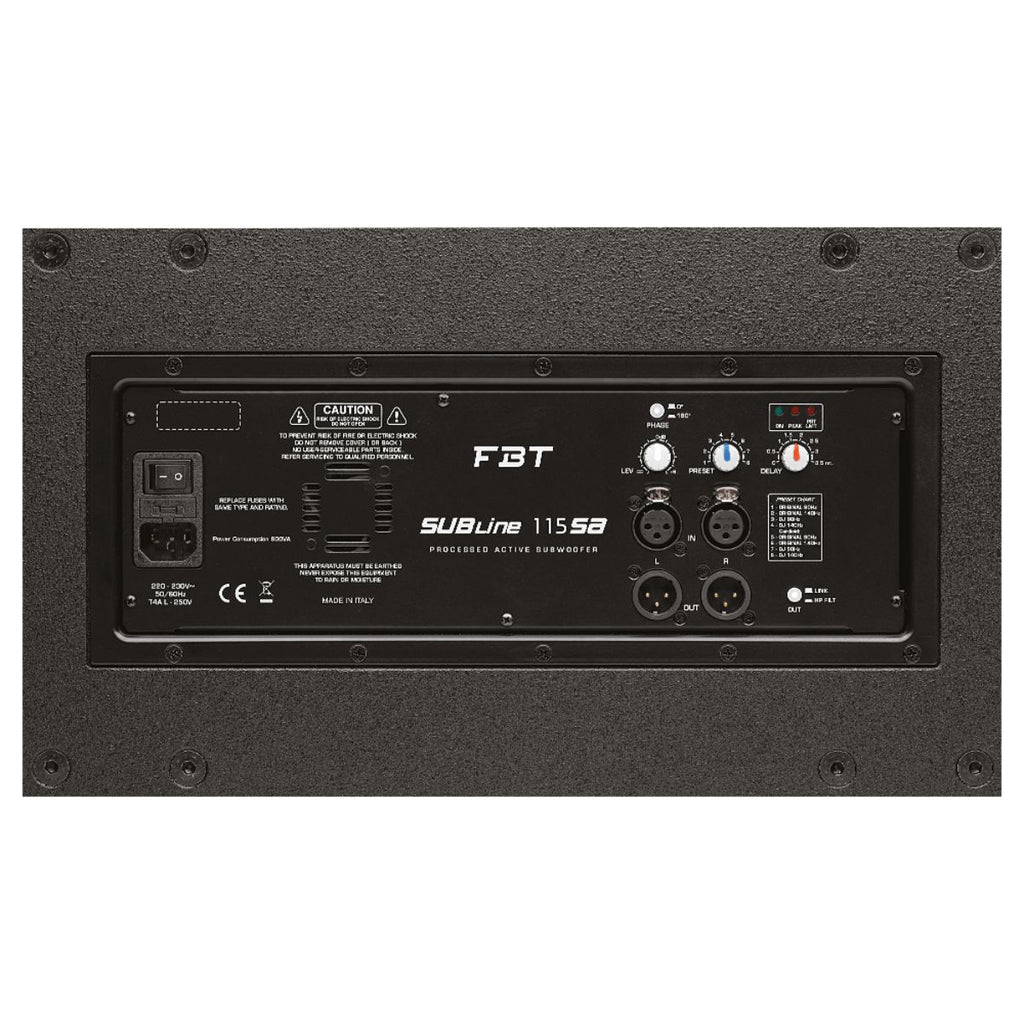 subwofer amplificato professionale da 1400W e 15" fbt subline 115SA vista del retro