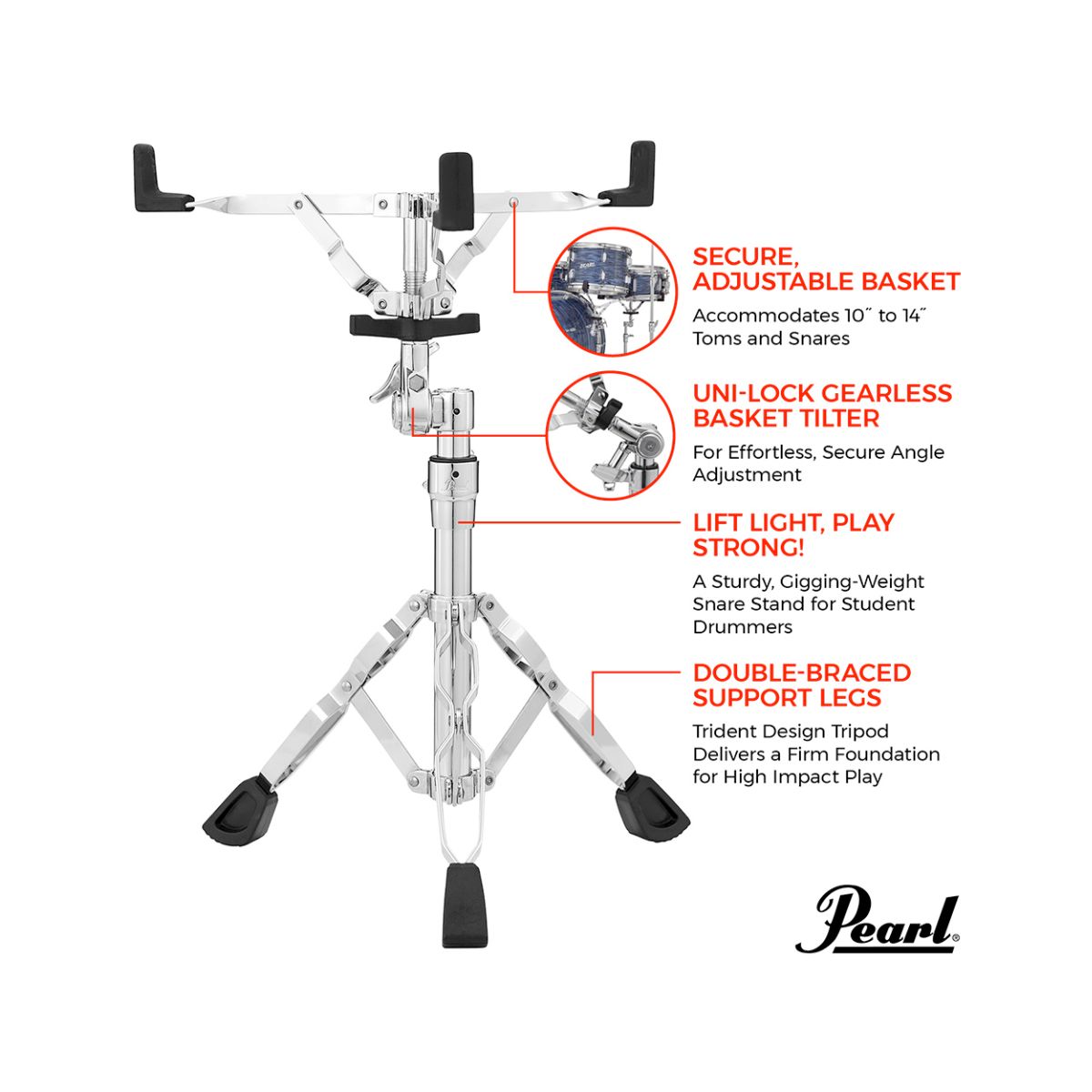 supporto per rullante da batteria pearl s-830 vista delle caratteristiche