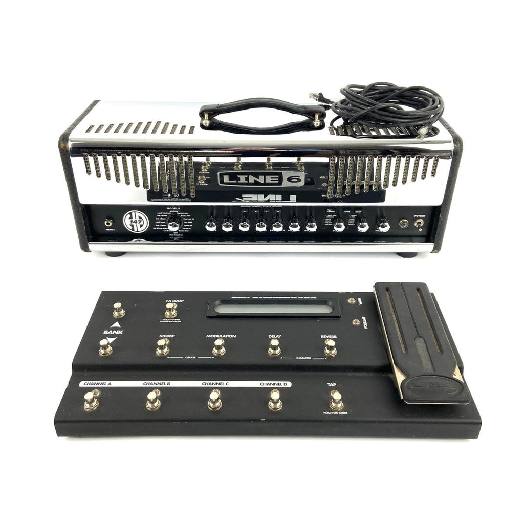 testata digitale per chitarra elettrica con pedaliera di controllo line6 hd147 usata vista frontale con pedaliera