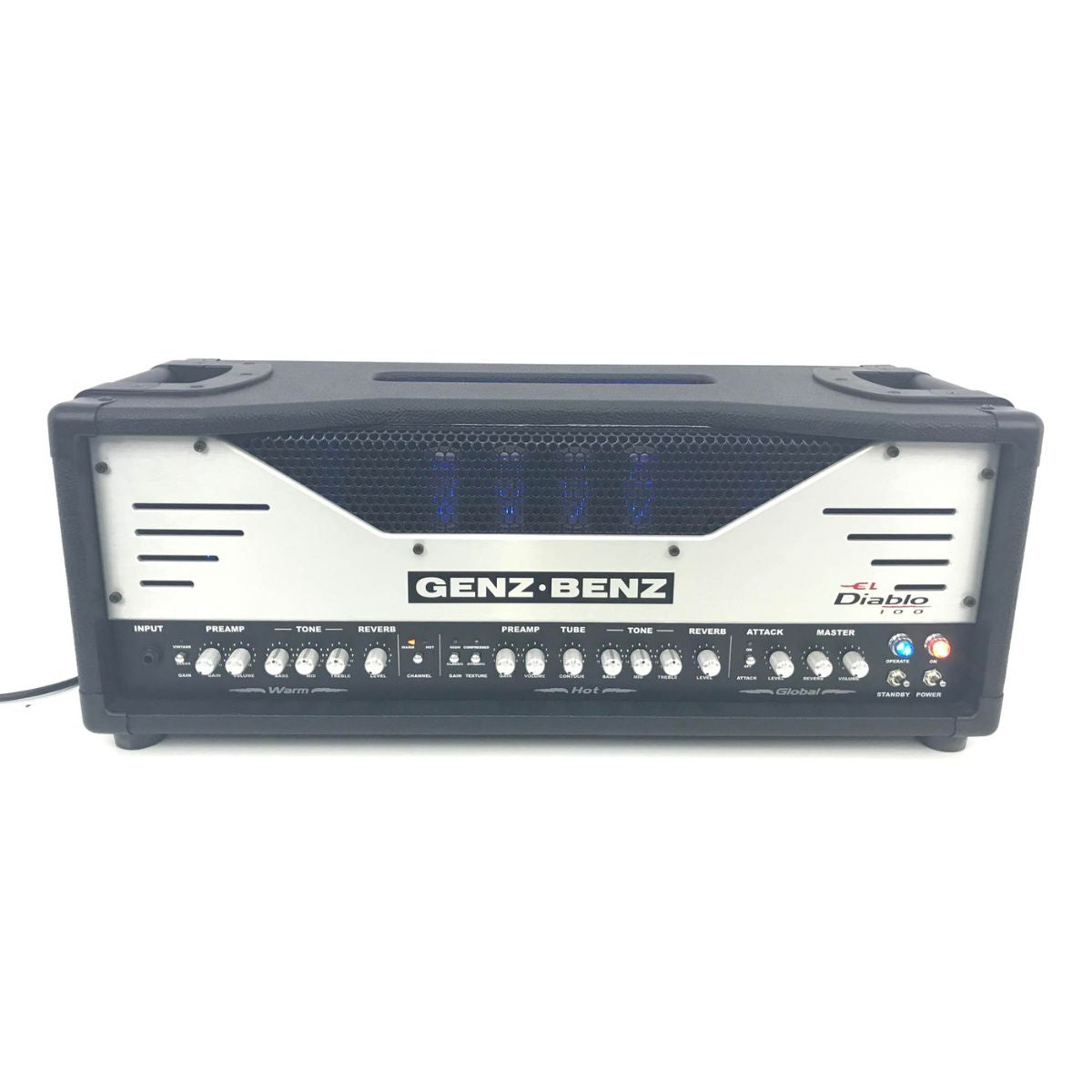 testata valvolare per chitarra elettrica 100W genz benz el diablo 100 vista frontale accesa